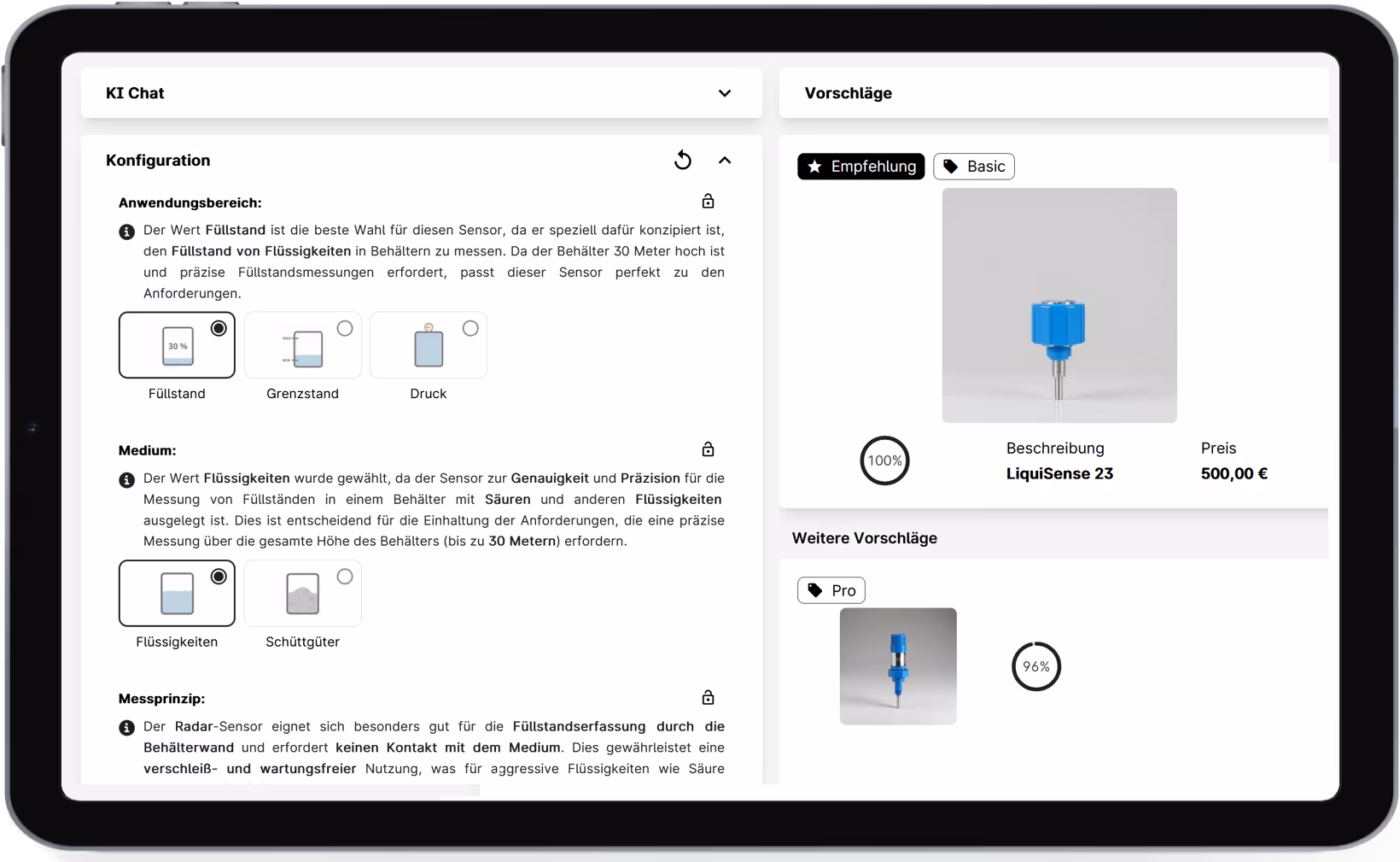 Requirement Analyser. Auf der linken Seite befindet sich der KI-Chat und die Filteroptionen mit Begründung, welche durch den Chat automatisch gewählt werden und auf der rechten Seite befinden sich die daraufhin ausgewählten Produkte.